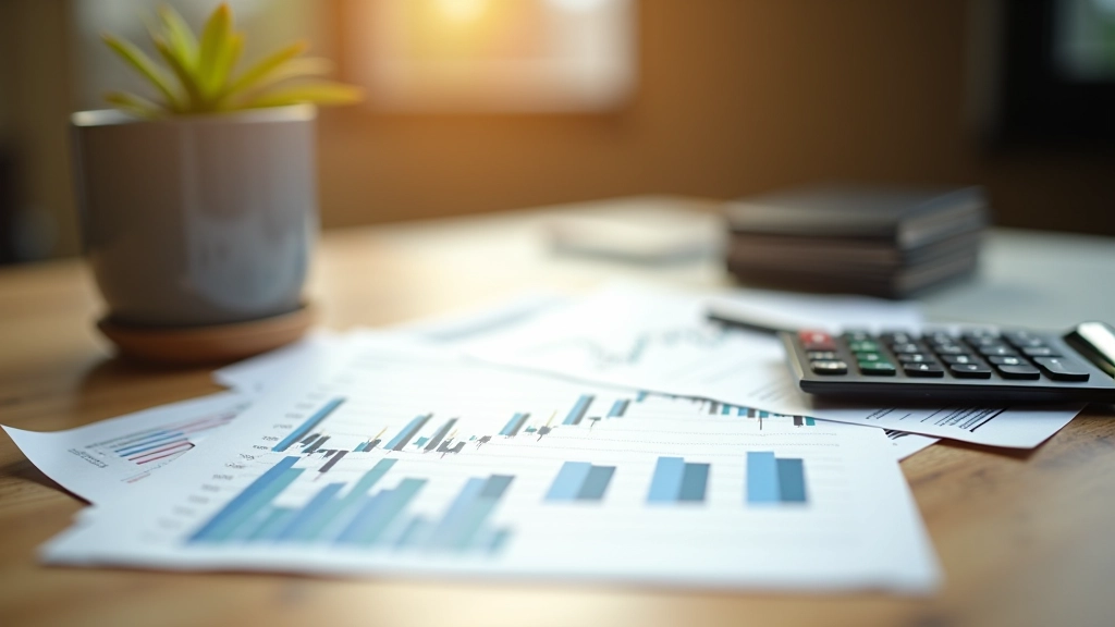 Graphique financier imprimé avec calculatrice sur bureau, analyse des données économiques