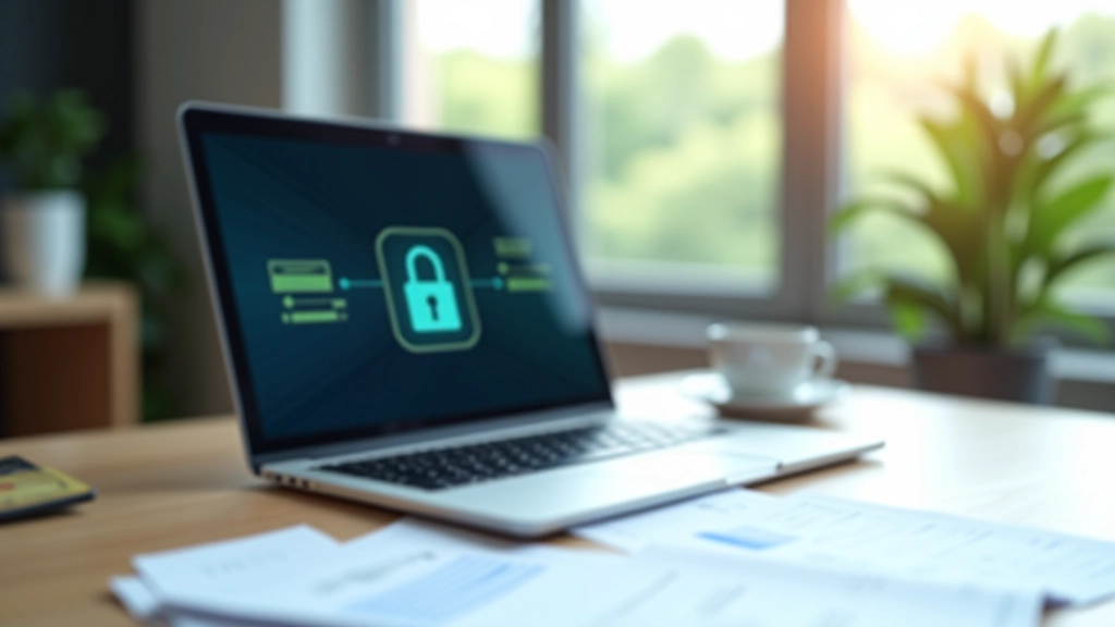 Ordinateur portable sur un bureau avec des documents financiers, symboles de sécurité numérique visibles