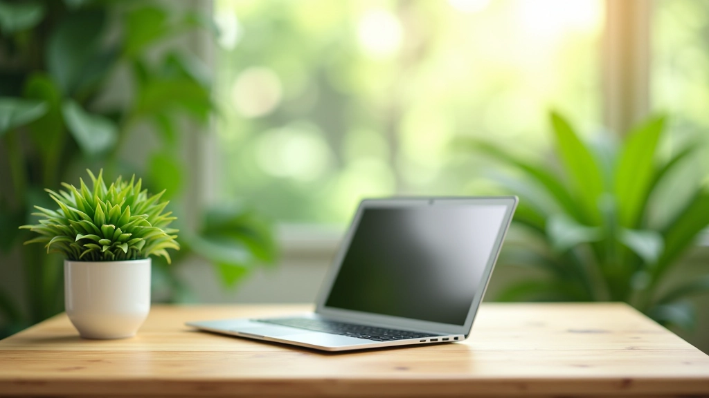 Espace de travail durable avec plantes vertes et technologie verte