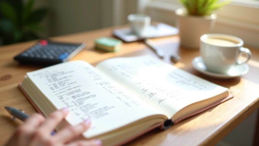 Cahier ouvert avec notes manuscrites sur un bureau en bois, tasse de café à proximité