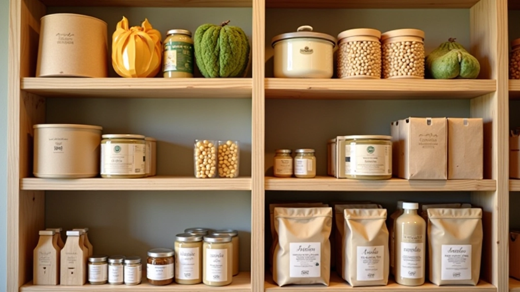 Étagères de boutique avec produits biologiques et durables, étiquettes informatives en bois naturel
