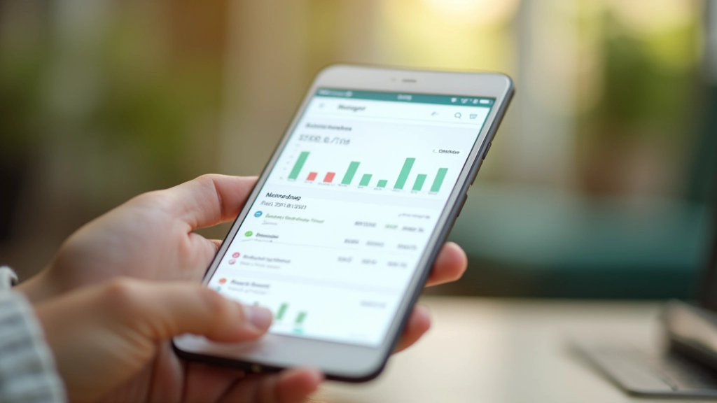 Écran de smartphone affichant un graphique de dépenses mensuelles, interface de gestion budgétaire en tons bleus et verts