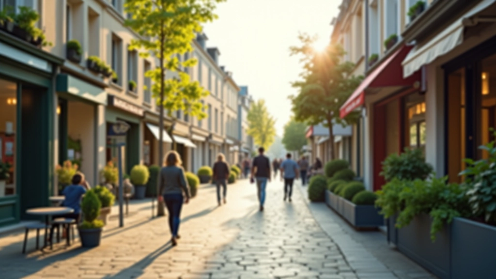 Rue durable à Reims avec commerces locaux et architecture verte
