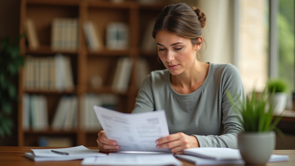 Femme examinant son relevé bancaire et ses factures mensuelles, analyse financière personnelle à domicile avec stylo et calculatrice