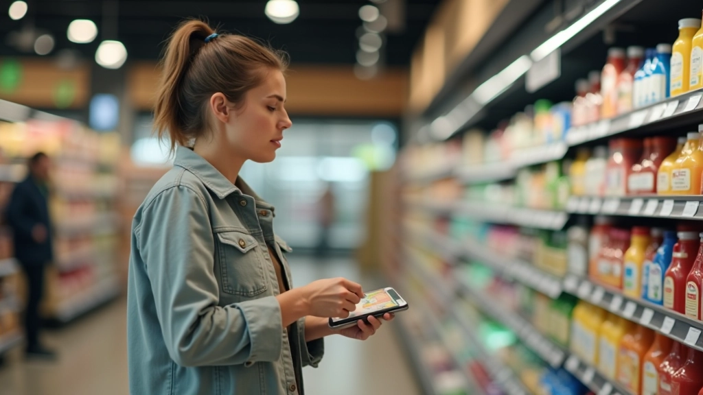 Femme comparant les prix des produits alimentaires dans un supermarché moderne, tenant un produit dans chaque main