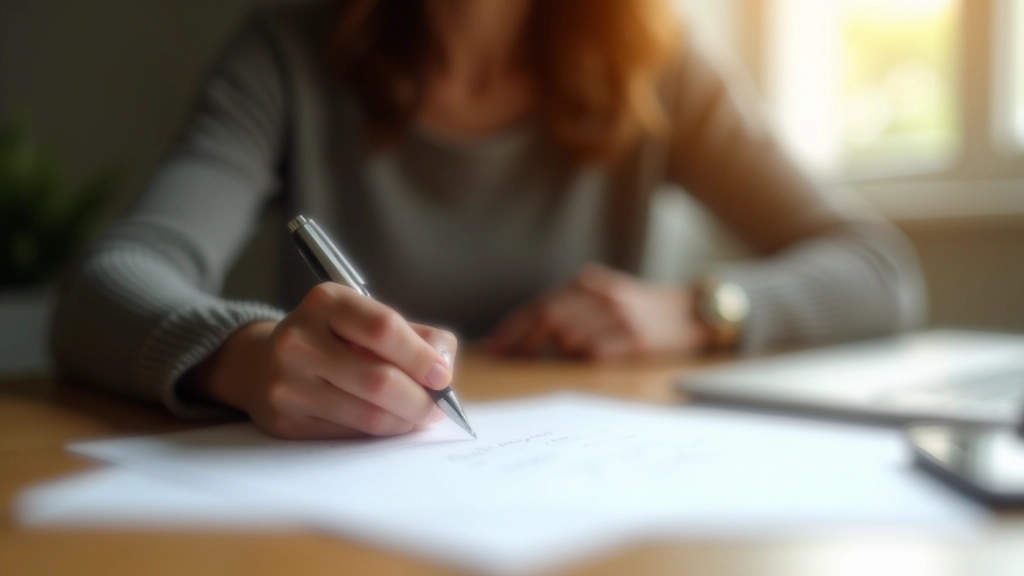 Personne tenant un stylo au-dessus d'un budget écrit sur papier, environnement de bureau lumineux et minimaliste