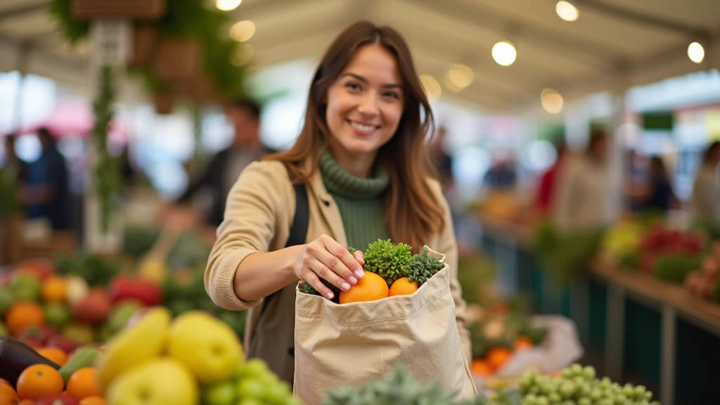 Personne mettant des produits biologiques dans des sacs réutilisables en toile au marché fermier de Reims